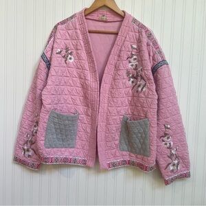 POL Pink Oversized Quilted Jacket with Floral Embroidery Women’s Size Medium